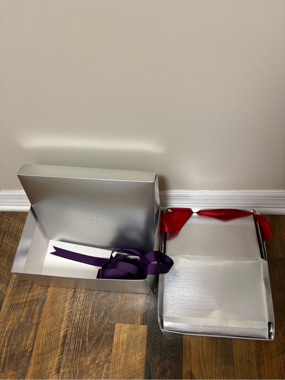 Silver Storage Gift Boxes with Purple and Red Ribbon Accents